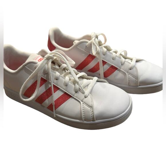 Adidas White Leather Superstar  Sneakers  Womens 5.5 Hot Pink Glitter Stripes - Picture 8 of 10